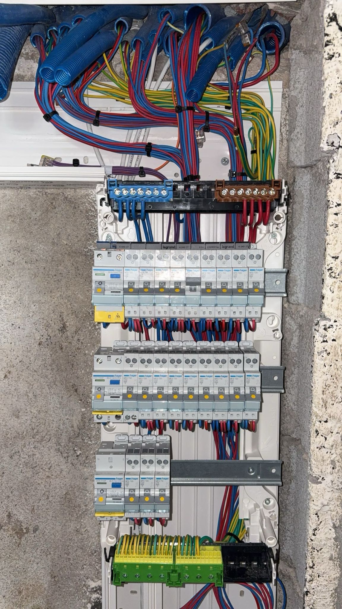Tableau Électrique Mural : Disjoncteurs Hager et Legrand Tableau électrique mural avec disjoncteurs Hager et Legrand, câblage organisé bleu et rouge sur mur en béton brut.